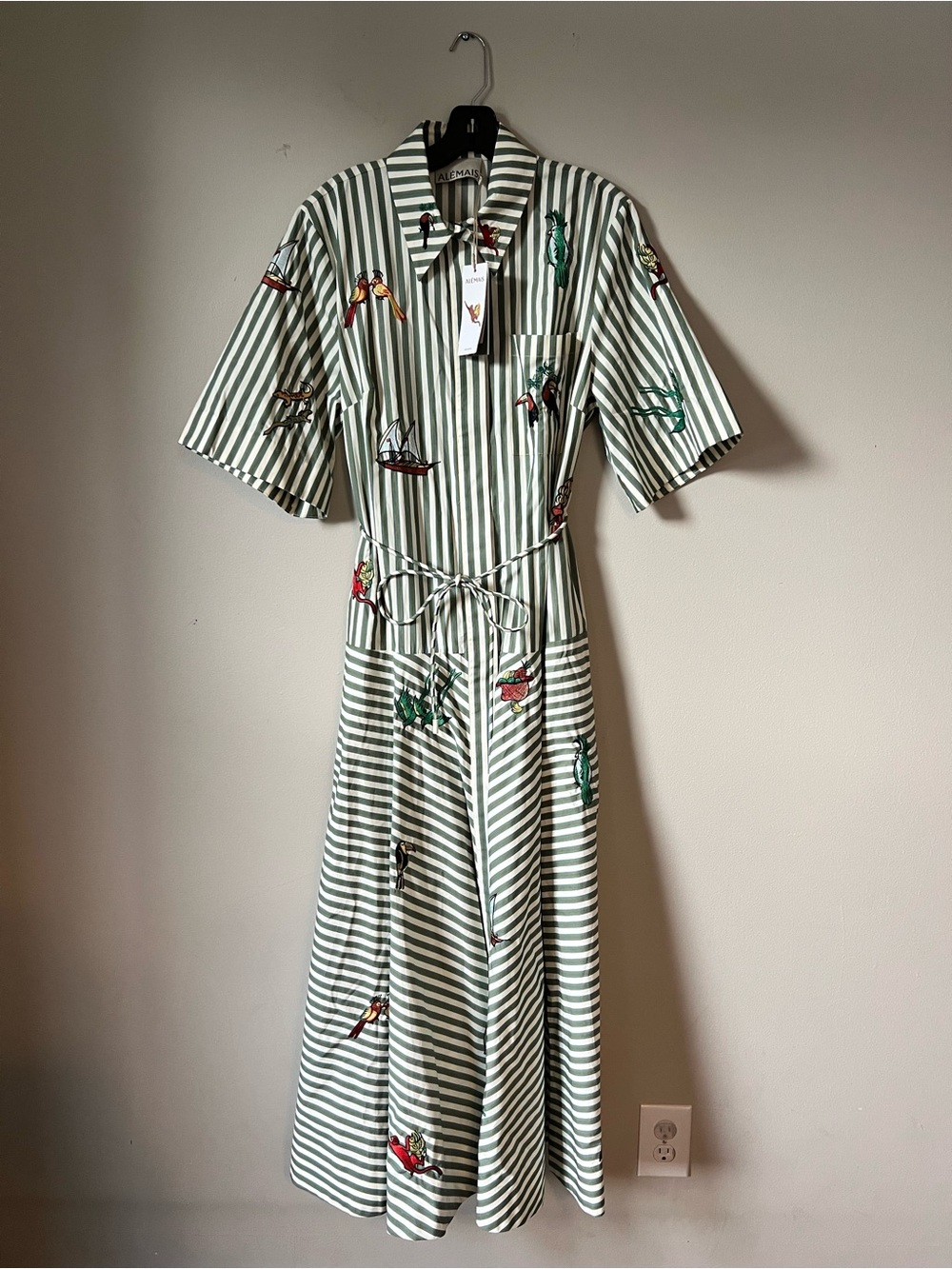 Alemais Green & White Striped Maxi Shirt Dress with Embroidered Motifs